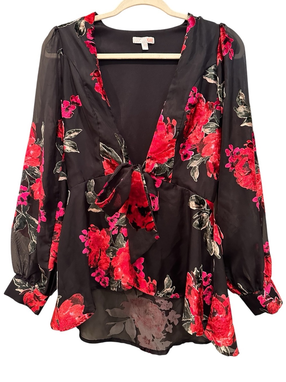 Velvet Burnout Dark Floral Sheer V Neck Floral Tie-Front Blouse Kimono Sz M - Picture 2 of 11